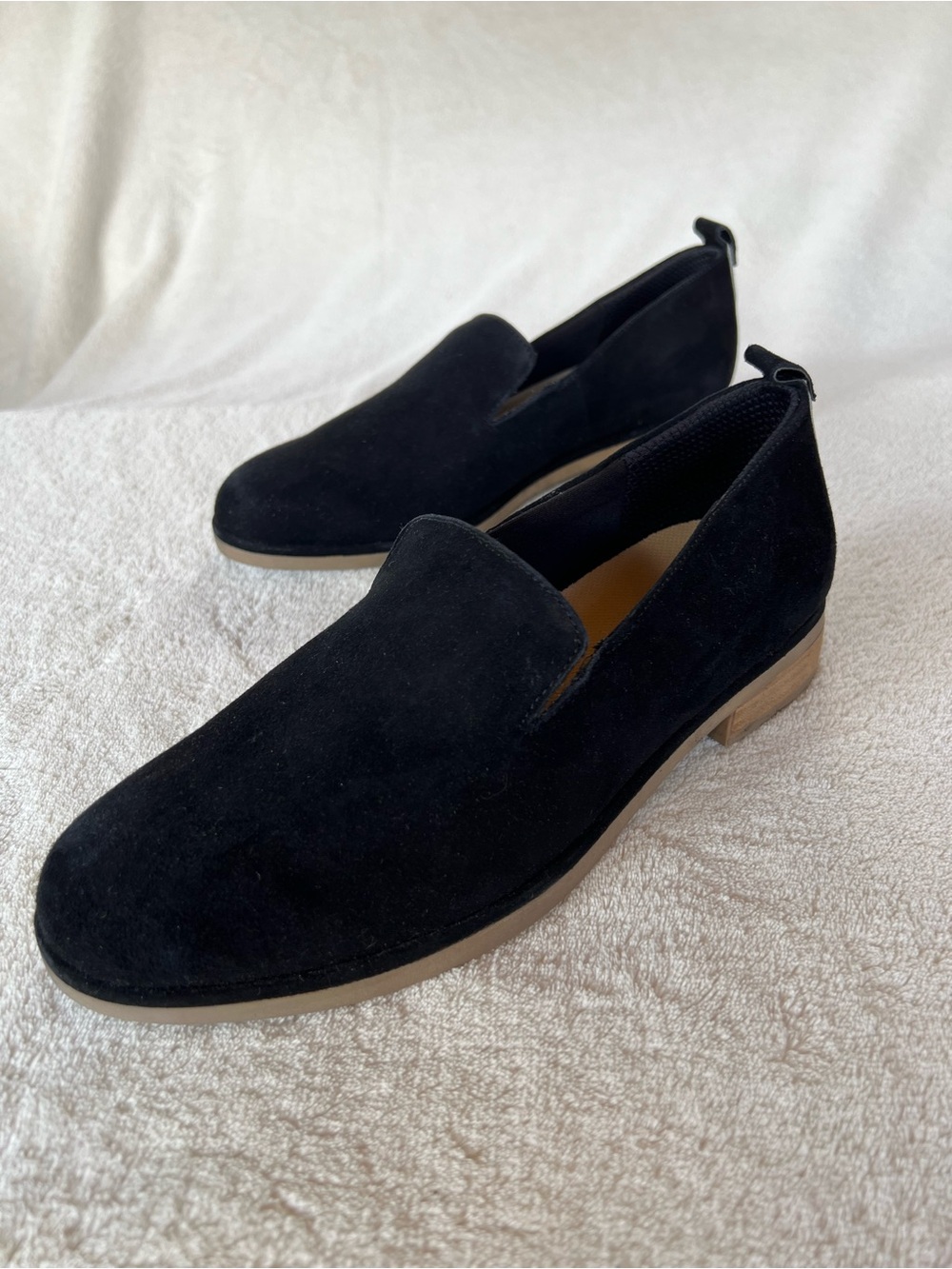 DR SCHOLLS BLACK SUEDE LEATHER SLIP ON LOAFERS STACKED LOW HEEL SIZE 7.5 - Picture 3 of 13